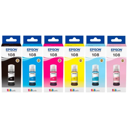 מארז 6 בקבוקי דיו מקורי EPSON 108 (כולל שחור, סיאן, צהוב, מגנטה, מגנטה בהיר וסיאן בהיר)